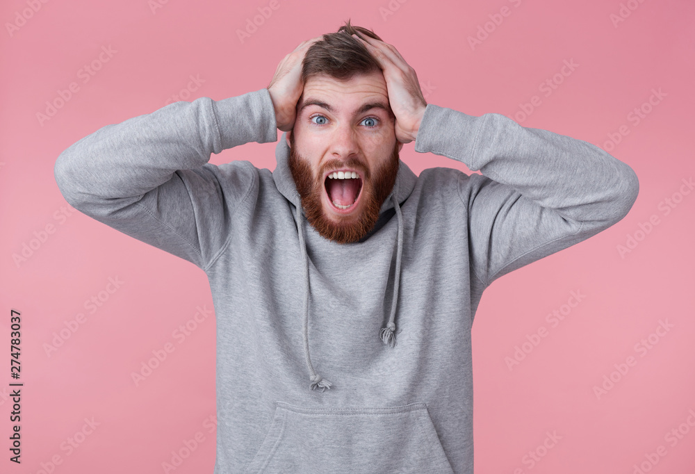 Portrait of young screaming shocked red bearded man in gray hoodie, looks evil and displeased , holds head, his favorite team lost. Stands over pink background and with wide open mouth. Portrait of young screaming shocked red bearded man in gray hoodie, looks evil and displeased , holds head, his favorite team lost. Stands over pink background and with wide open mouth.