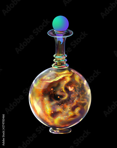 Isolated raster illustration, magic jar with sun water, wizardry transparent glass flask witth liquid elixir, chaos potion inside the pot, creation, birth of the universe, worlds collection, solary  photo