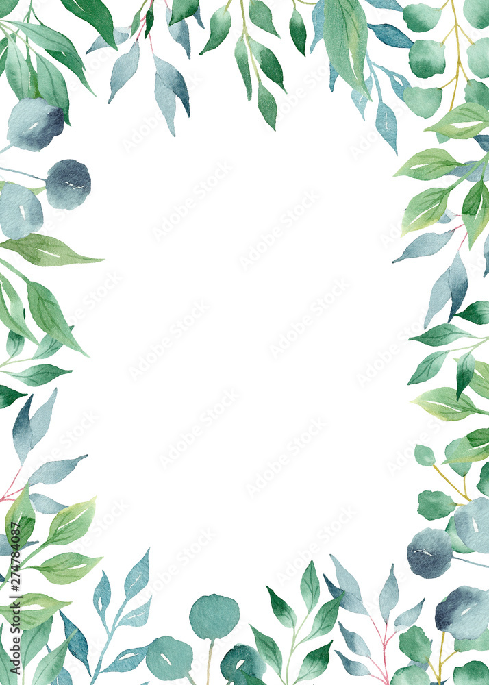 Fresh greenery watercolor hand drawn raster frame template