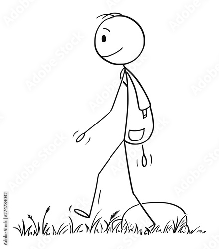 Vector cartoon stick figure drawing conceptual illustration of hiker or man with backpack hiking or walking on adventure in nature.
