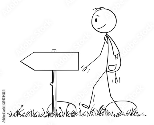Vector cartoon stick figure drawing conceptual illustration of hiker or man with backpack hiking or walking on adventure in nature. Empty arrow sign is near.