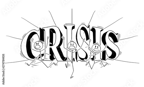 Vector cartoon stick figure drawing conceptual illustration of group of men or businessmen running away in panic with big word crisis in background. Financial or market problem concept.