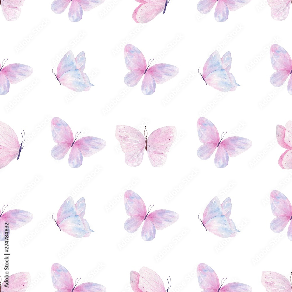 Butterfly cluster hand drawn watercolor seamless pattern