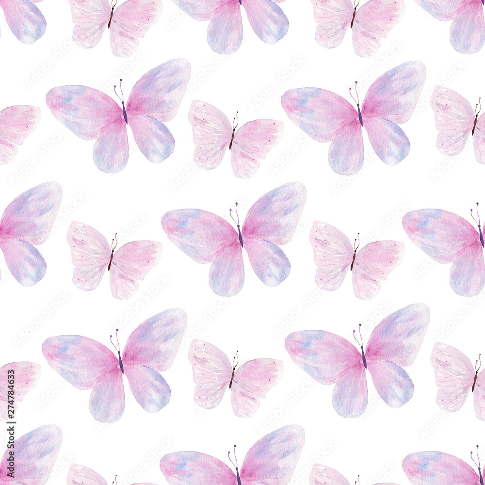Flying butterflies hand drawn watercolor seamless pattern