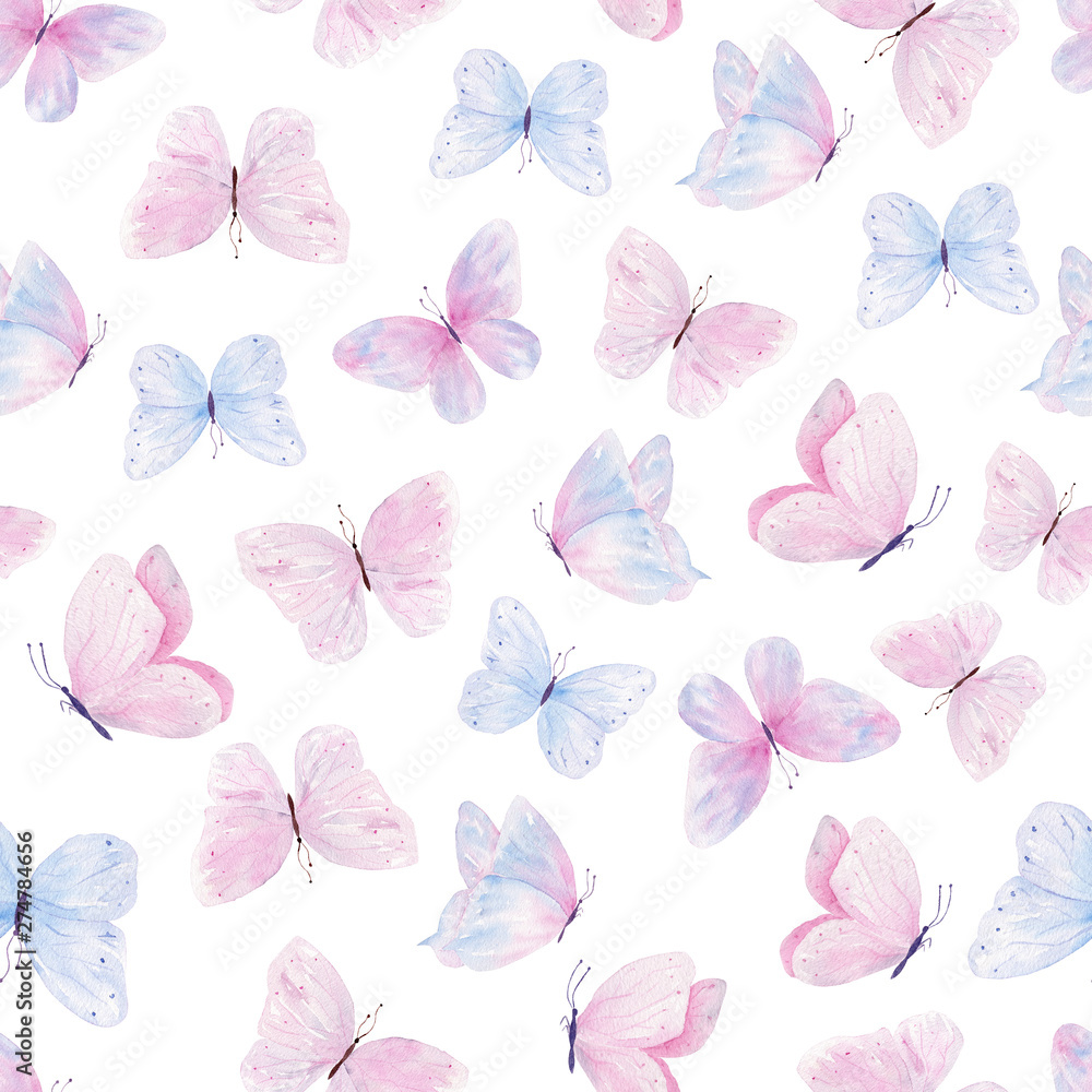 Cute butterflies hand drawn watercolor seamless pattern