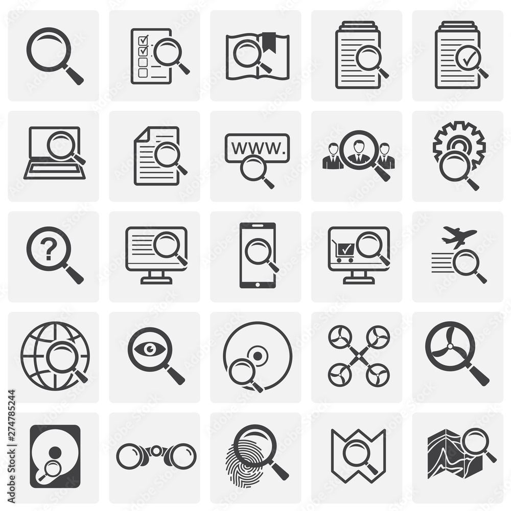 Search related icons set on background for graphic and web design. Simple illustration. Internet concept symbol for website button or mobile app.