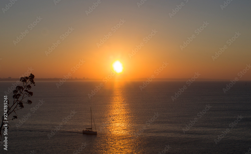 boat sails on the sea at sunrise