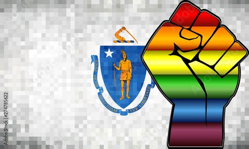 Shiny LGBT Protest Fist on a Massachusetts Flag - Illustration,  Abstract Mosaic Massachusetts and Gay flags