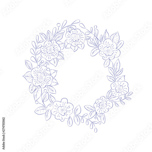 Floral wreath coloring page. Blue ink color  decoration with flowers. Great for printables  birthday cards  wedding cards.