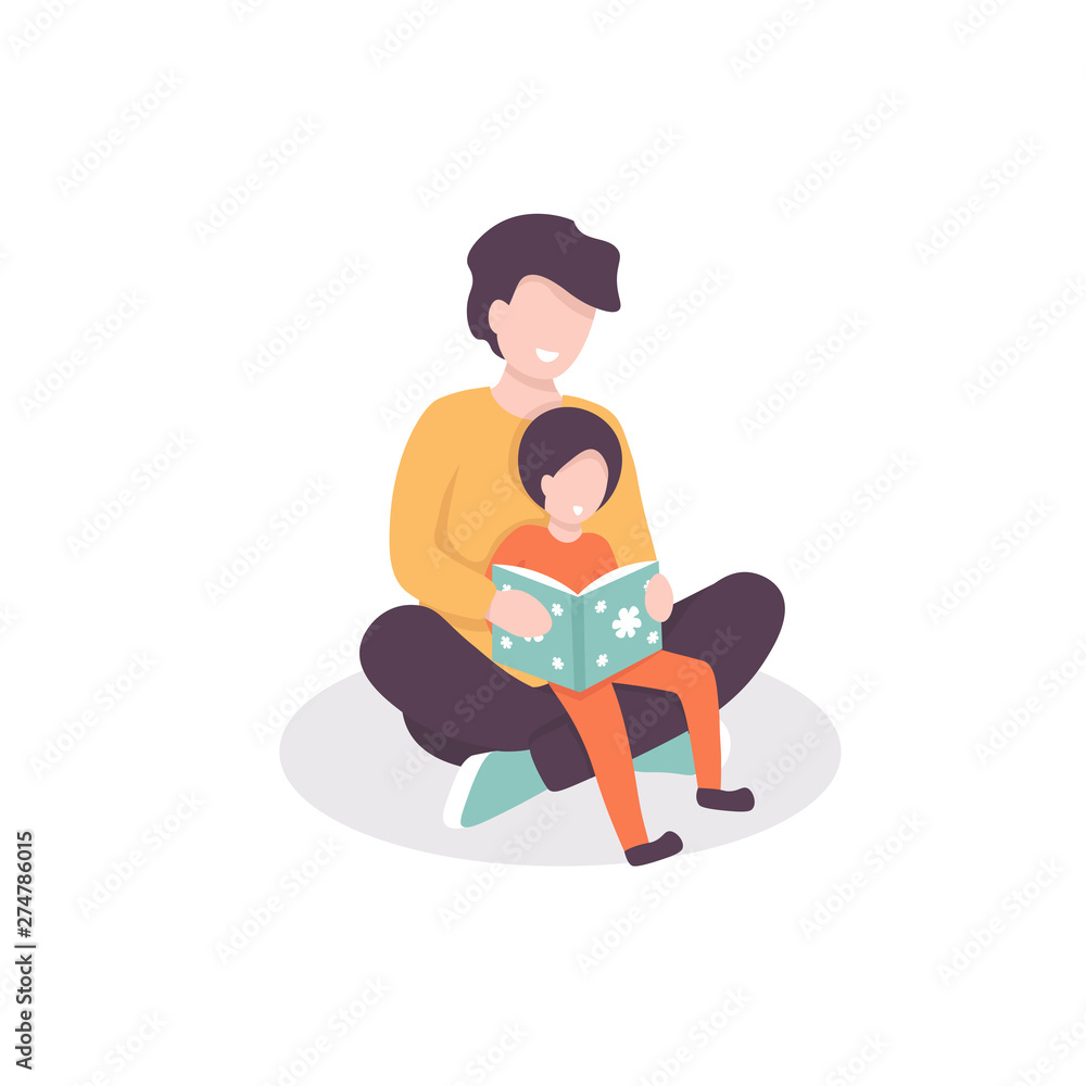 Young father reads a book with his child, teaches to read his son. Flat vector illustration. Young father reads a book with his child, teaches to read his son. Flat vector illustration.