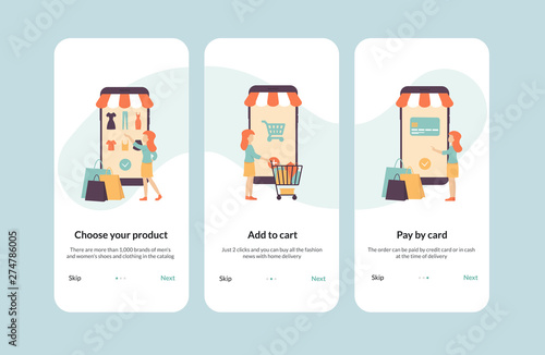 Online shopping banner, mobile app templates, concept flat vector illustration design, onboarding for online shop application.