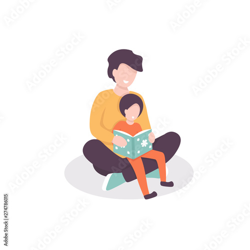 Young father reads a book with his child, teaches to read his son. Flat vector illustration.