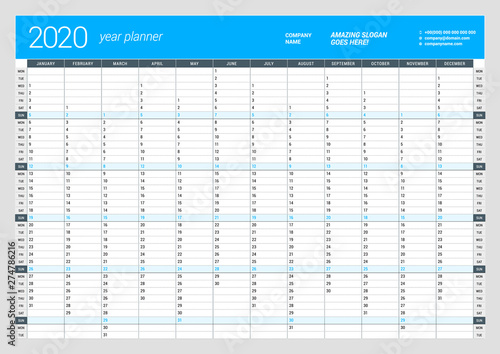 Wall calendar yearly planner template for 2020. Vector design print template. Week starts on Monday