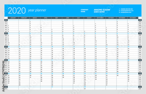 Wall calendar yearly planner template for 2020. Vector design print template. Week starts on Sunday