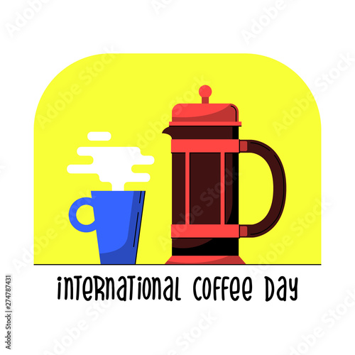 French press with mug. Modern style flat cartoon vector illustration. Coffee pot for happy International or national Coffee Day. Suitable for greeting card, poster and banner background.