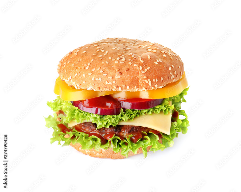 Tasty fresh burger with cutlet isolated on white Tasty fresh burger with cutlet isolated on white
