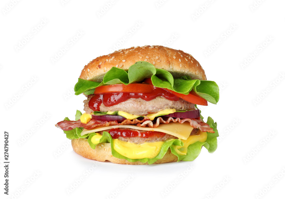 Tasty fresh burger with cutlet isolated on white