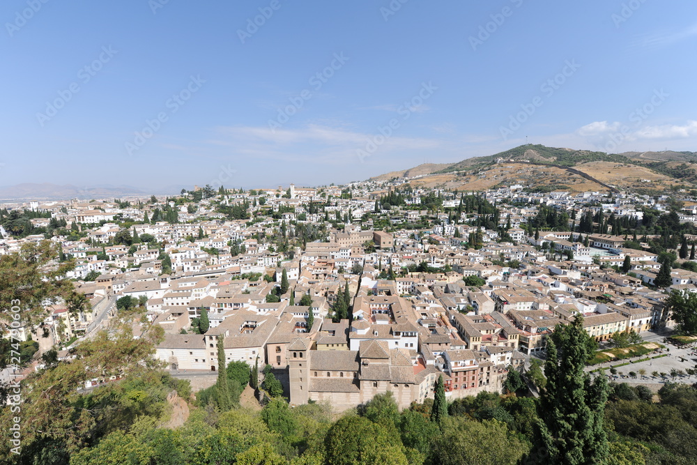 Panoramic view of The Albaicin quarter of Granada, seen from The Alcazaba, The Alhambra, Granada, Andalusia, Spain