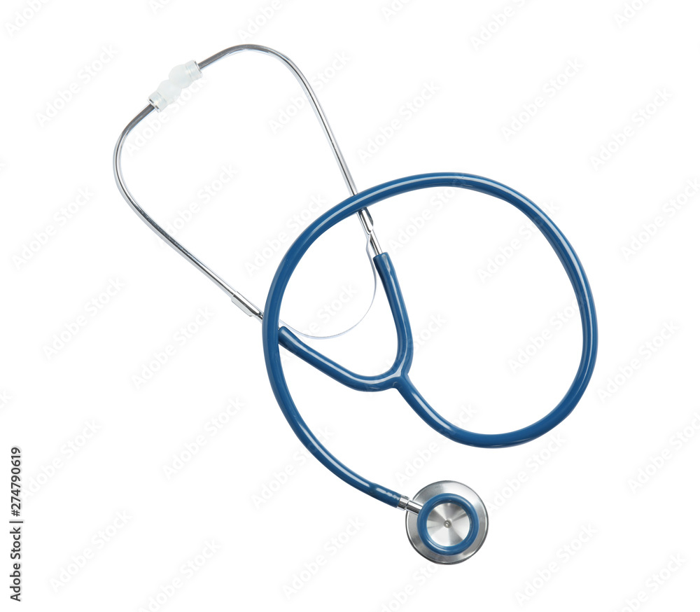 Stethoscope isolated on white, top view. Medical tool Stethoscope isolated on white, top view. Medical tool