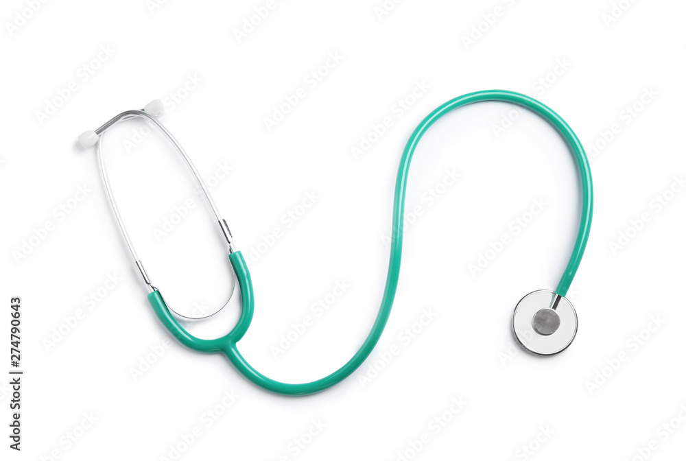 Stethoscope isolated on white, top view. Medical tool Stethoscope isolated on white, top view. Medical tool