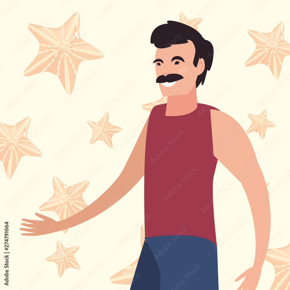 man tourist in swimsuit summer background