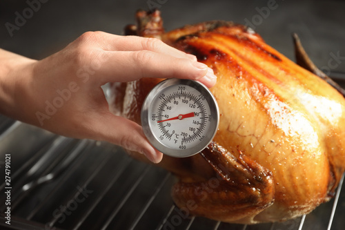 Woman measuring temperature of whole roasted turkey with meat thermometer, closeup