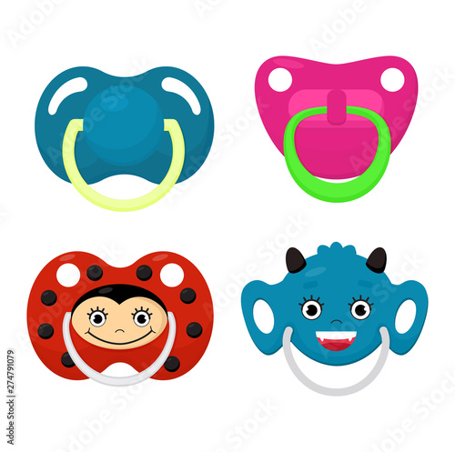 Pacifier vector baby soother child nipple and kids rubber nipple illustration set of cartoon comforter to pacify newborn children isolated on white background