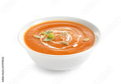 Bowl of tasty sweet potato soup isolated on white