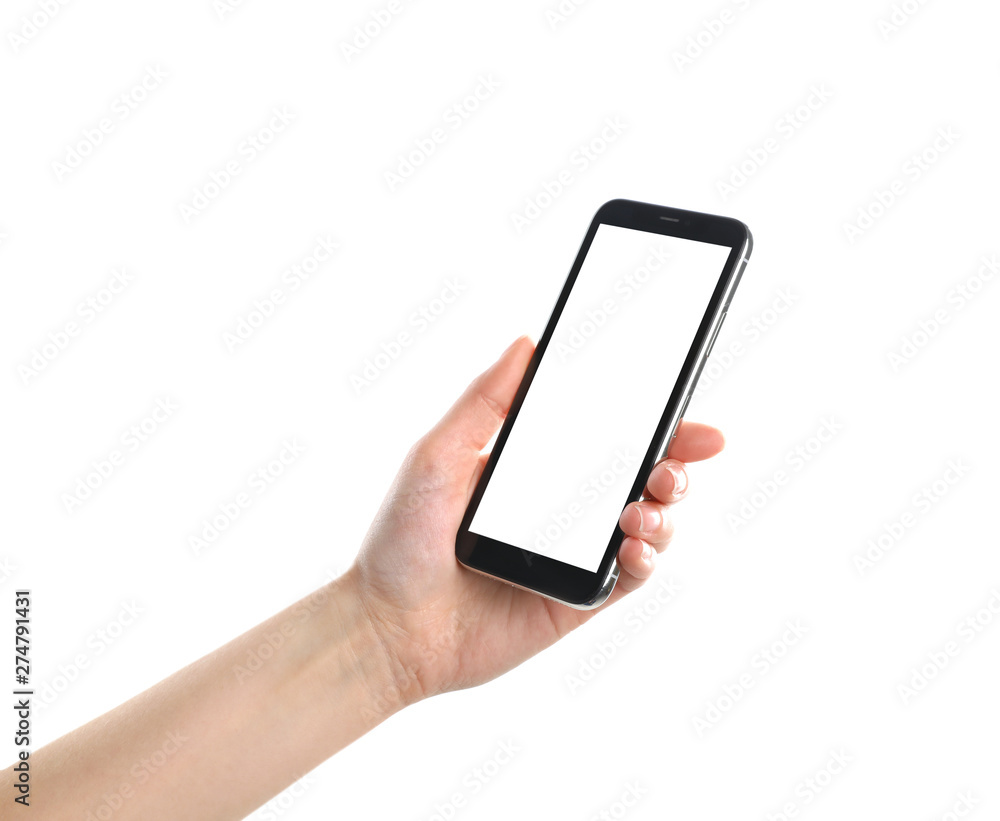 Woman holding smartphone with blank screen on white background, closeup of hand. Space for text