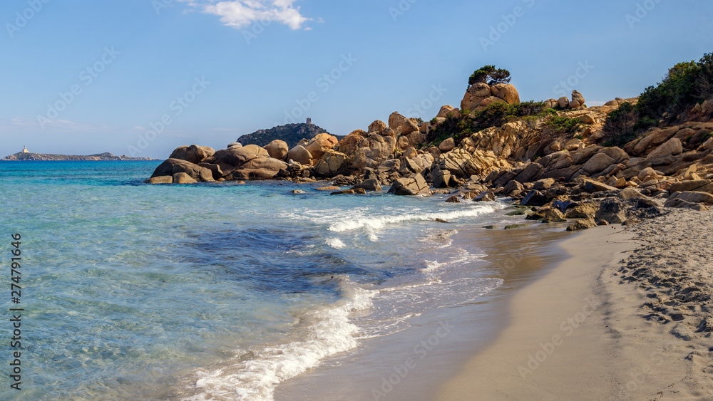 Panoramic view of sandy beach, rocks and sea with azure water, in Villasimius, Sardinia (Sardegna) island, Italy. Holidays, best beaches in Sardinia.