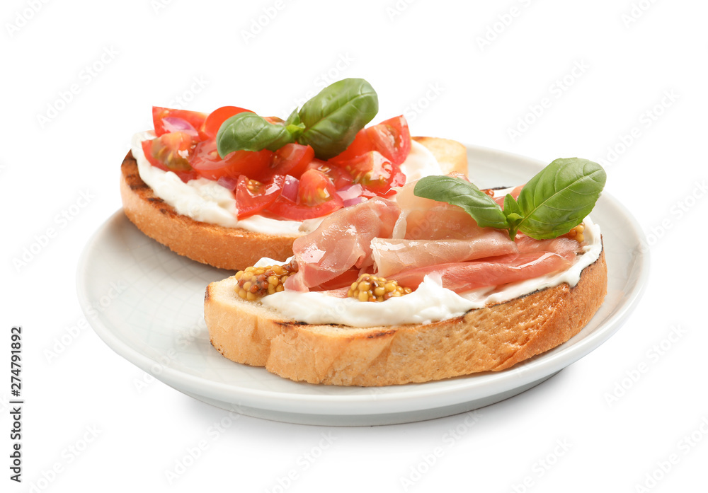 Plate with tasty bruschettas on white background Plate with tasty bruschettas on white background