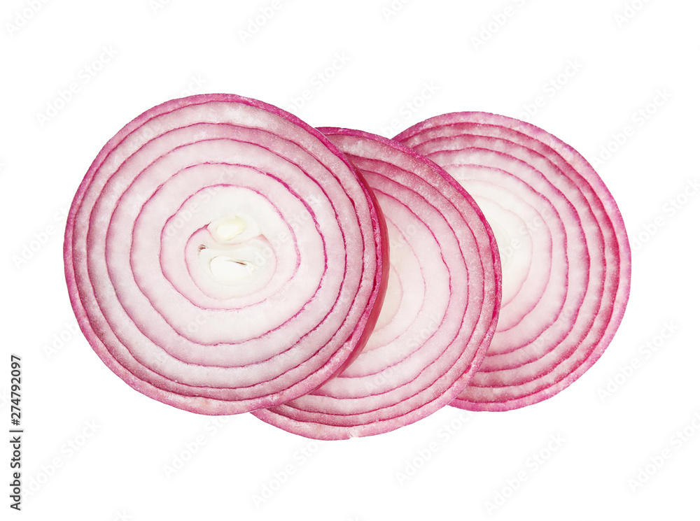 Fresh slices of red onion on white background, top view Fresh slices of red onion on white background, top view