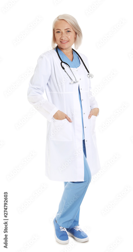 Full length portrait of female doctor isolated on white. Medical staff Full length portrait of female doctor isolated on white. Medical staff