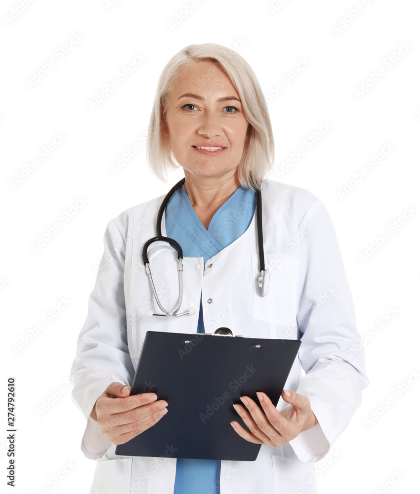Portrait of female doctor with clipboard isolated on white. Medical staff Portrait of female doctor with clipboard isolated on white. Medical staff