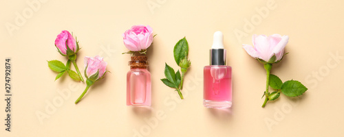 Fresh flowers and bottles of rose essential oil on color background  flat lay