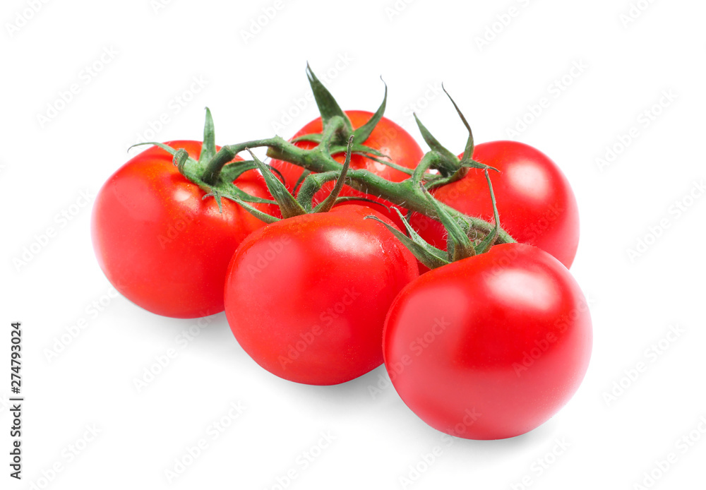 Branch of fresh cherry tomatoes isolated on white Branch of fresh cherry tomatoes isolated on white