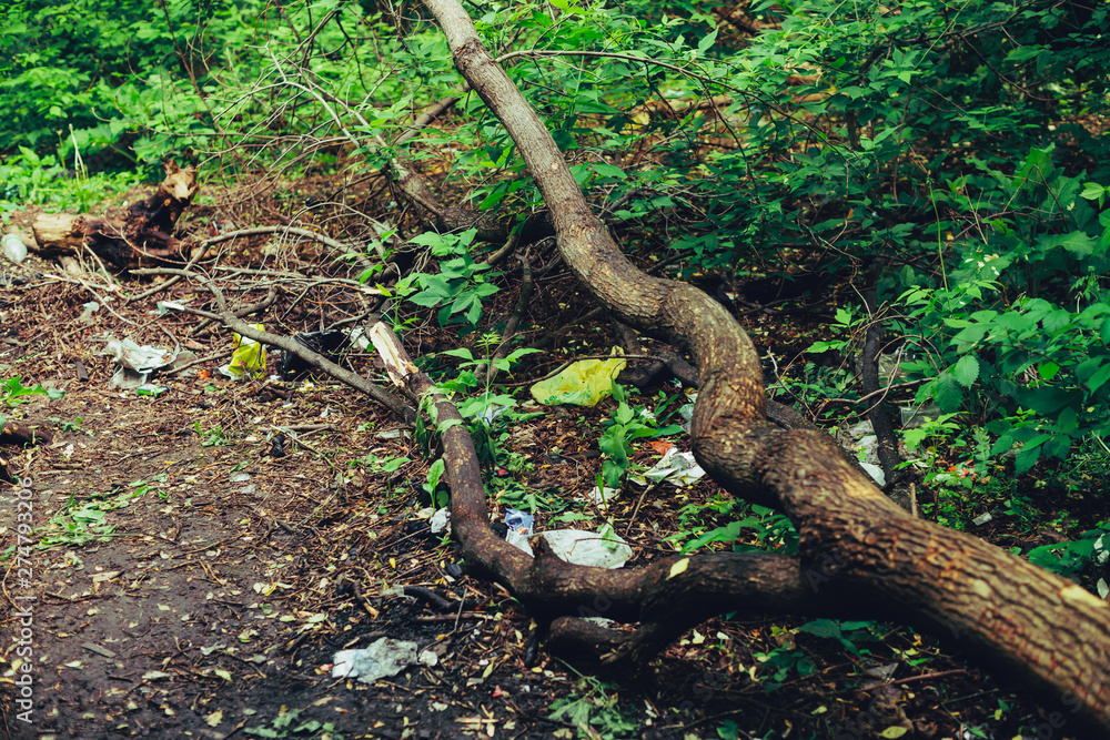Garbage pile in forest among plants. Toxic plastic into nature everywhere. Rubbish heap in park among vegetation. Contaminated soil. Environmental pollution. Ecological issue. Throw trash anywhere. Garbage pile in forest among plants. Toxic plastic into nature everywhere. Rubbish heap in park among vegetation. Contaminated soil. Environmental pollution. Ecological issue. Throw trash anywhere.