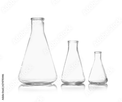 Empty conical flasks on white background. Chemistry glassware