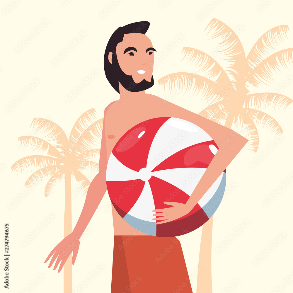 man with beachball palm tree background summer time