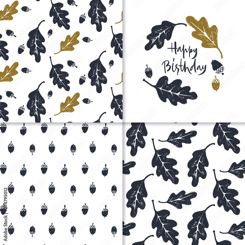 Obraz premium Patterns set, Happy Birthday card with oak leafs