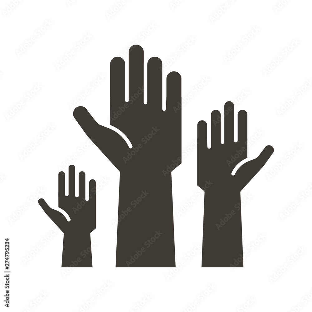 Volunteers and charity work. Raised helping hands. Vector flat glyph icon illustrations with a crowd of people ready and available to help and contribute. Positive foundation, business, service.