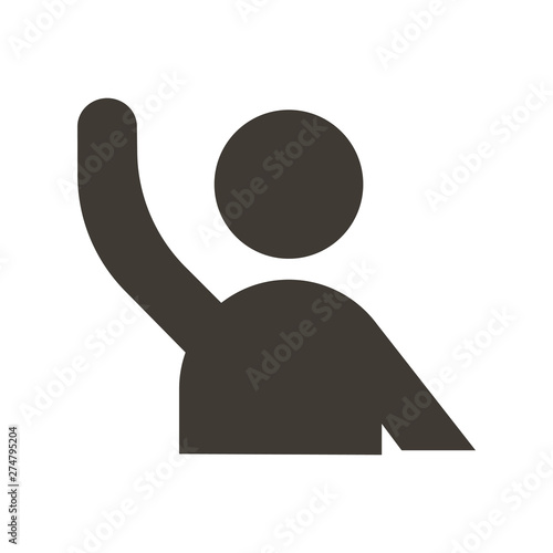 Character with arm raised ready to help, answer, question something or hand wave. Vector tflat glyph icon illustration. Volunteer, student raising his arm, voting, protesting, waving hello 
