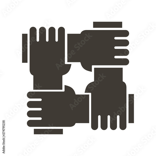 Stylized icon design with 4 hands holding together. Illustration for different concepts like teamwork, community, unity and equality