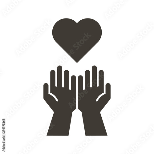 Empty hands receiving red Heart icon. Accepting love, help, kindness, donation. Vector flat glyph illustration. Symbolizes donation, help, charity, philantrophy, love, passion, kindness, peace.