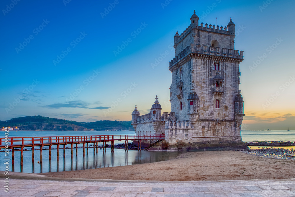 Famous Tourist Destinations. Belem Tower on Tagus River in Lisbon at Blue Hour, Portugal.