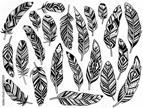 Tribal Feathers set decoration. Ethnic boho style hand drawing.