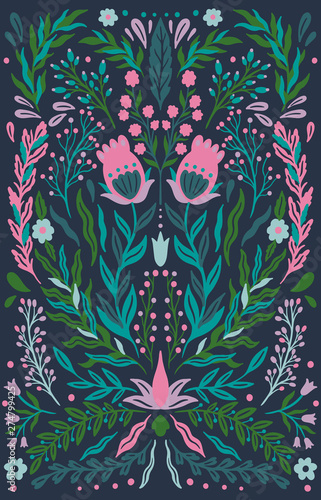 Ethno folk decorative floral ornament. Symmetry specular composition. Drawing abstract ornament.