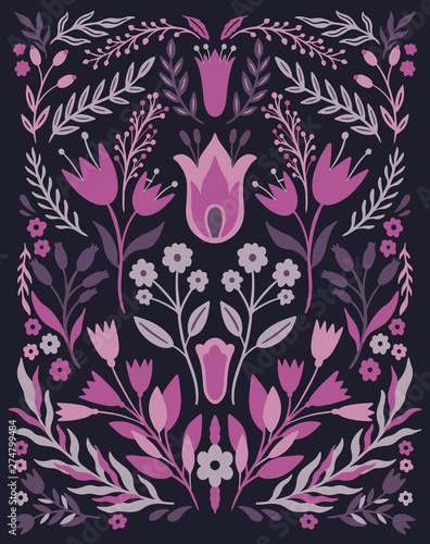 Ethno folk decorative floral ornament. Symmetry specular composition. Drawing abstract ornament.