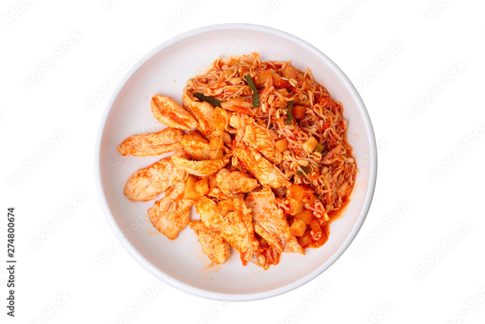 Fried kimji with skinless chicken in korean white plate. Fried kimji with skinless chicken in korean white plate.