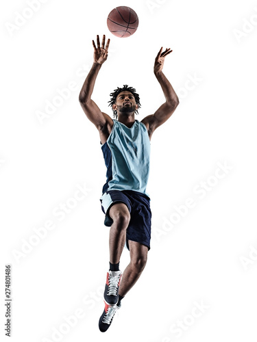 one afro-american african basketball player man isolated in silhouette shadow on white background